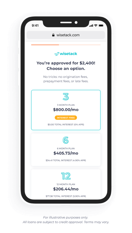 A phone showing Wisetack monthly payment options: a three month plan at zero percent APR, plus six and twelve month plans