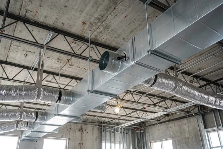 New galvanised trunk duct and insulated flexible branches in a commercial ceiling space