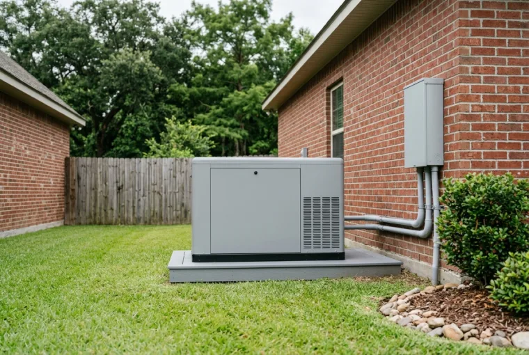 Standby backup generator and transfer switch installed beside a Louisiana home