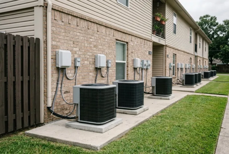A row of air conditioning condensers serving a multi-unit residential property