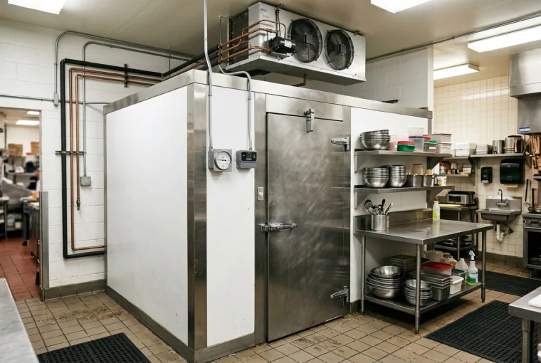 A clean commercial walk-in cooler with its condensing unit in a restaurant kitchen