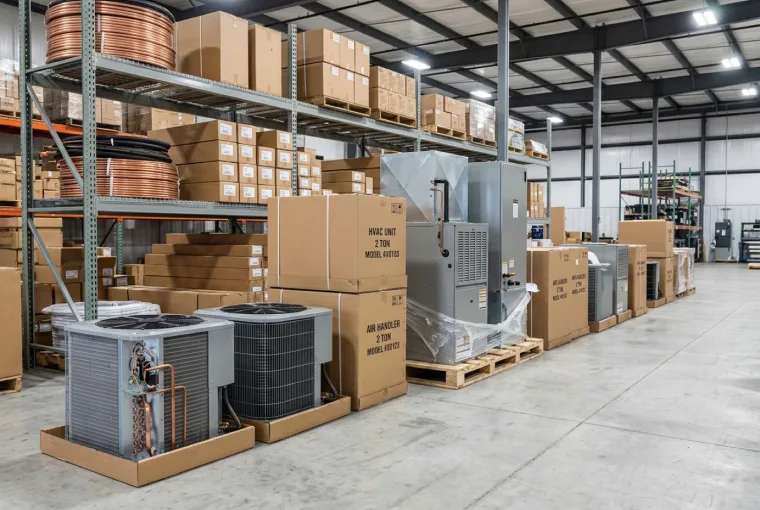 New HVAC condensing units and air handlers staged in a contractor warehouse