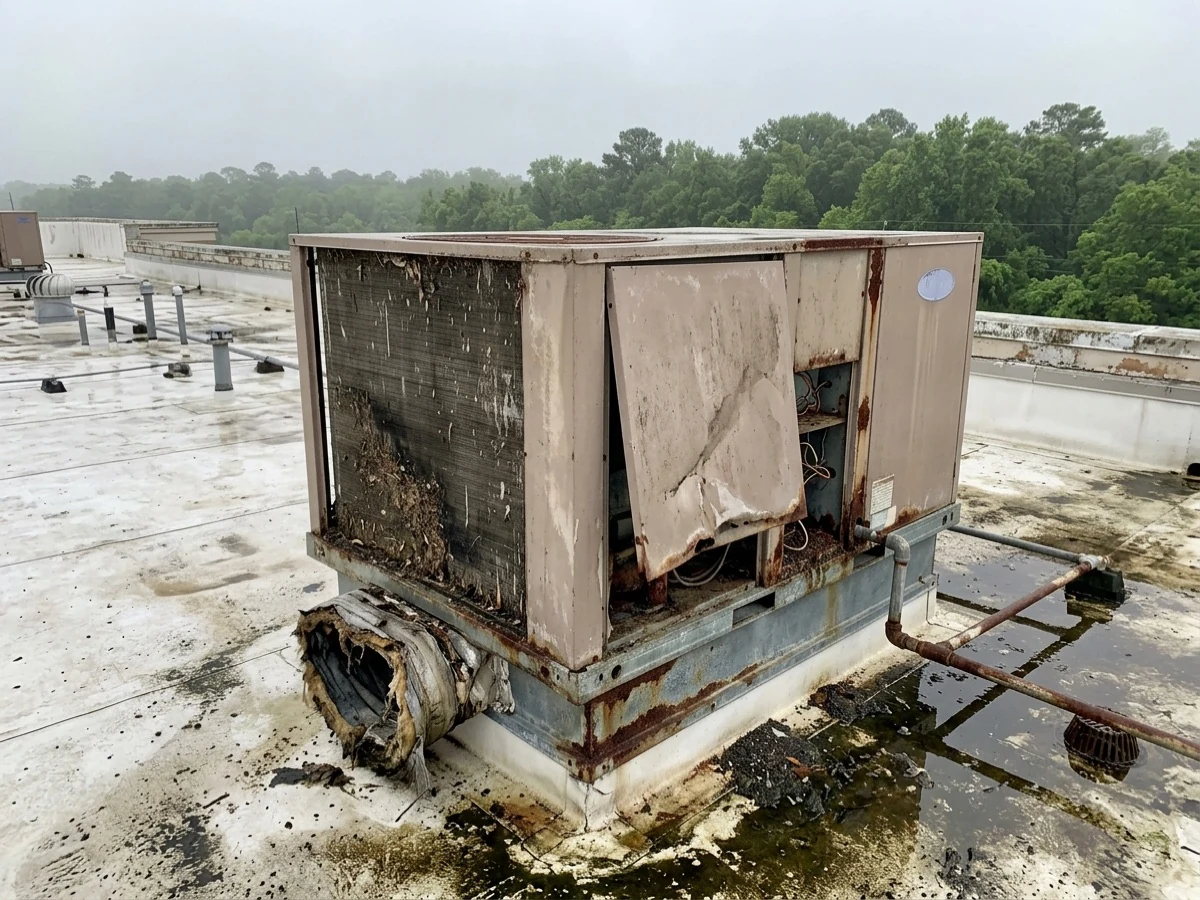 Weather-damaged commercial rooftop package unit before replacement