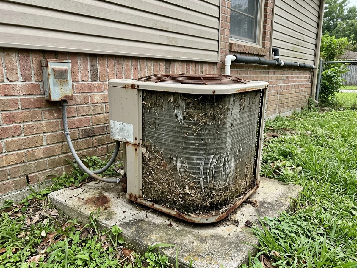 Failed residential air conditioning condenser with a debris-packed coil before replacement